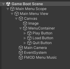 Unity's Hierachy view of the Game Boot Scene