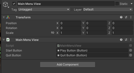 Unity's Inpsector View the Main Menu View