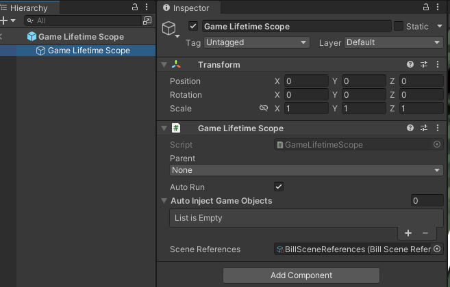 Unity Inspector view of the Game Lifetime Scope prefab