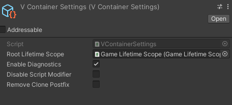 Unity Inspector view of the VContainer Settings Asset